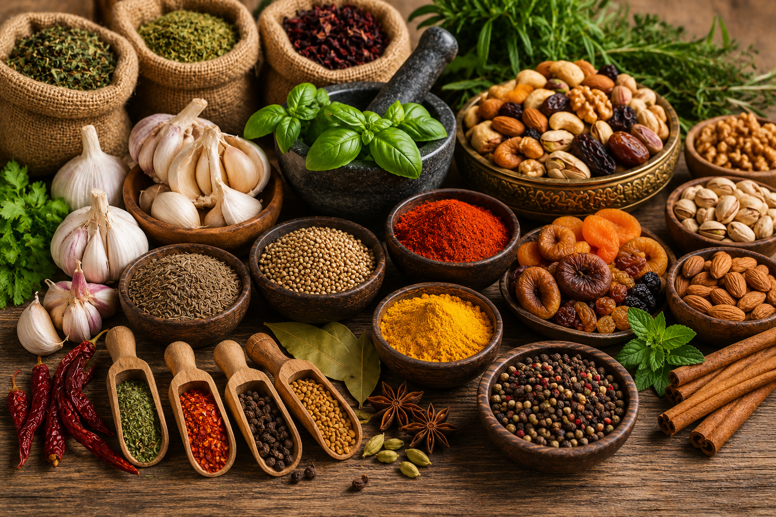 Premium garlic spices herbs and dry fruits